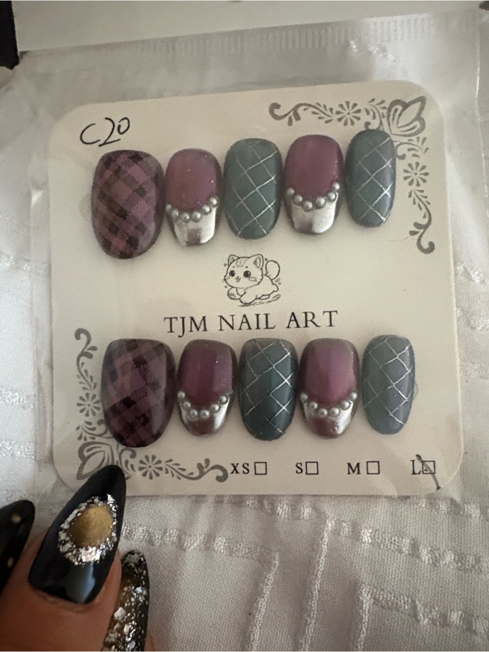 Premium custom  made Purple plaid& Green w/  Pearl & Silver Accent nail set Sz L